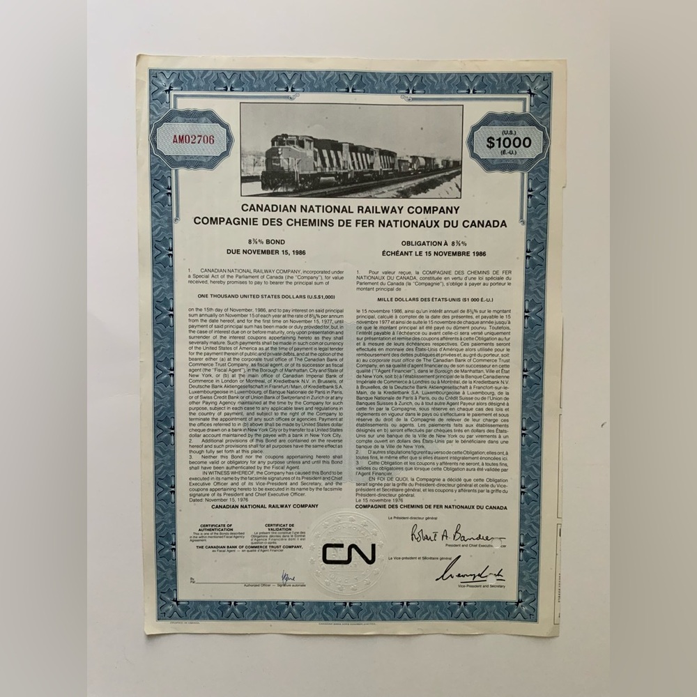 Vintage Canadian National Railway Company Bond Certificate-  REDEEMED